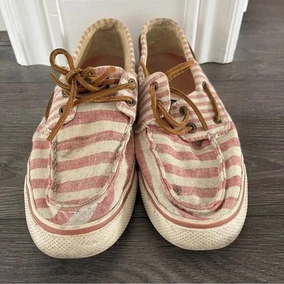 Sperry Boat Shoes Red and White Seer Sucker Stripe Leather Lace Up Preppy Size 7 - Picture 2 of 5
